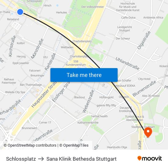 Schlossplatz to Sana Klinik Bethesda Stuttgart map