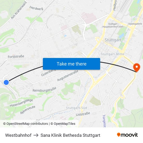 Westbahnhof to Sana Klinik Bethesda Stuttgart map