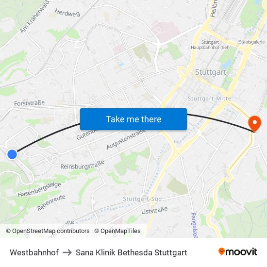 Westbahnhof to Sana Klinik Bethesda Stuttgart map