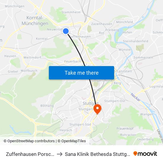 Zuffenhausen Porsche to Sana Klinik Bethesda Stuttgart map