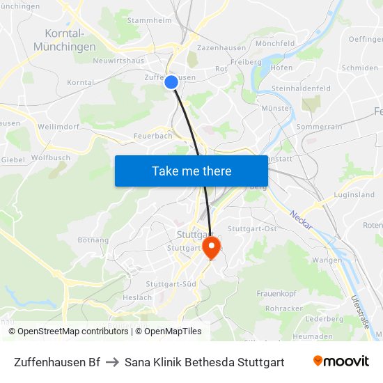 Zuffenhausen Bf to Sana Klinik Bethesda Stuttgart map
