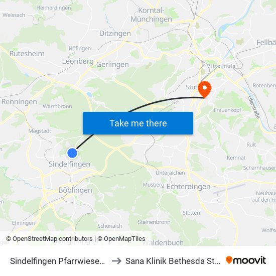 Sindelfingen Pfarrwiesengymn. to Sana Klinik Bethesda Stuttgart map