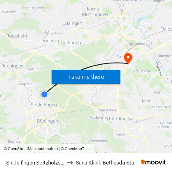 Sindelfingen Spitzholzstraße to Sana Klinik Bethesda Stuttgart map