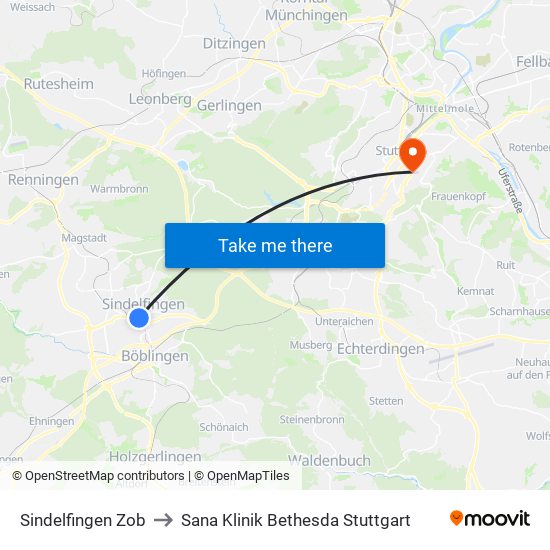 Sindelfingen Zob to Sana Klinik Bethesda Stuttgart map