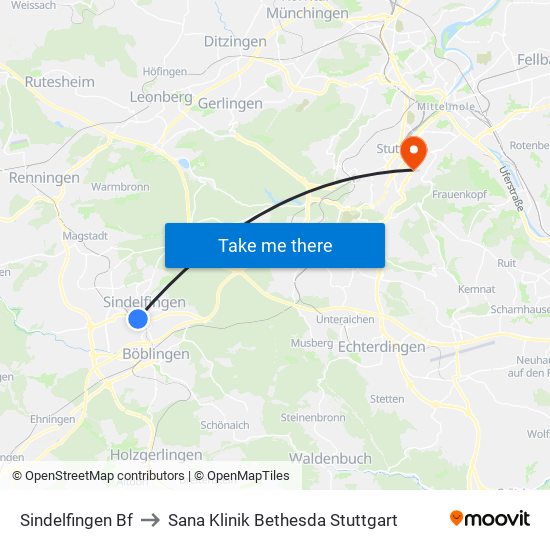 Sindelfingen Bf to Sana Klinik Bethesda Stuttgart map