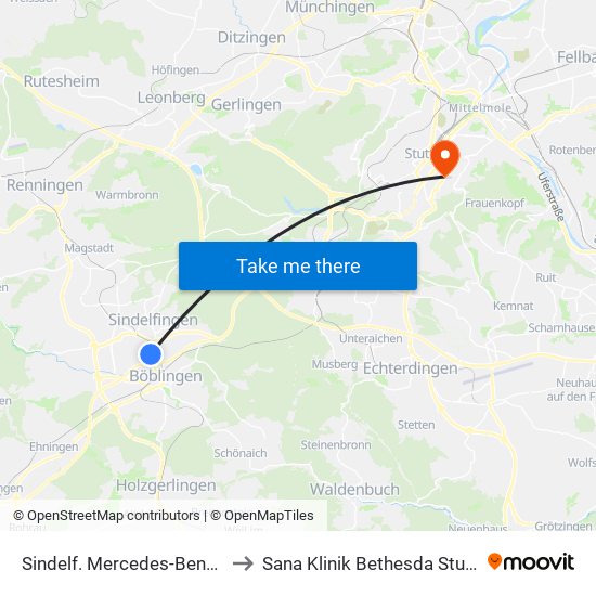 Sindelf. Mercedes-Benz Tor I to Sana Klinik Bethesda Stuttgart map