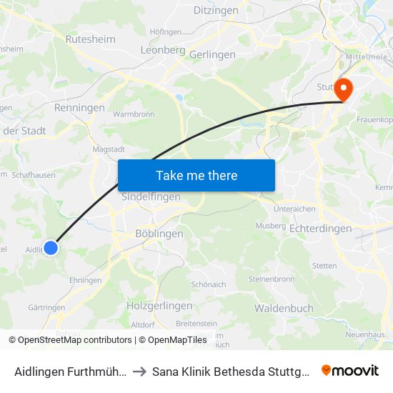 Aidlingen Furthmühle to Sana Klinik Bethesda Stuttgart map
