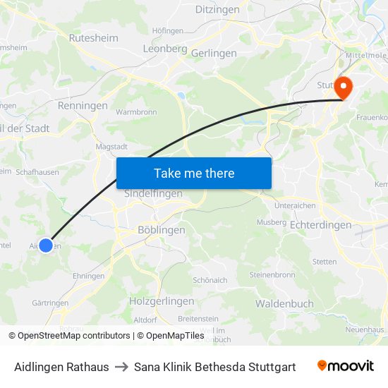 Aidlingen Rathaus to Sana Klinik Bethesda Stuttgart map