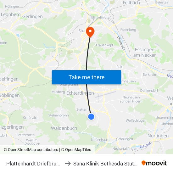 Plattenhardt Driefbrunnen to Sana Klinik Bethesda Stuttgart map