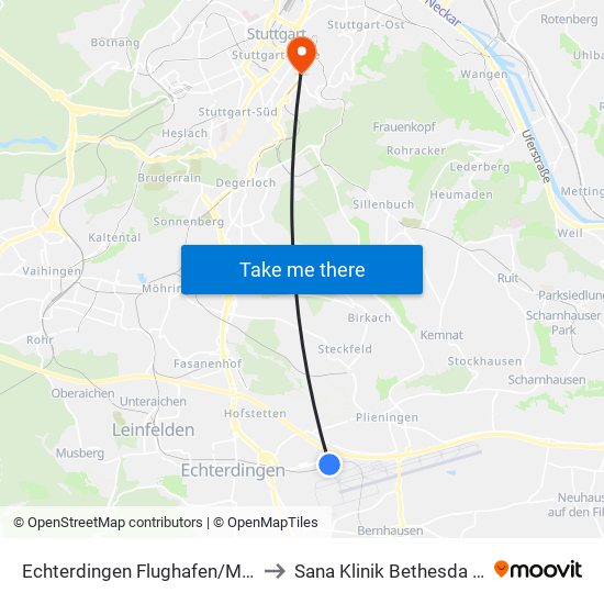 Echterdingen Flughafen/Messe (Sab) to Sana Klinik Bethesda Stuttgart map