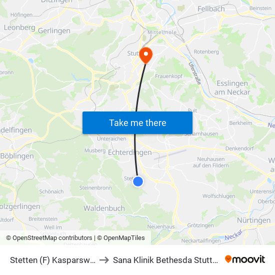 Stetten (F) Kasparswald to Sana Klinik Bethesda Stuttgart map