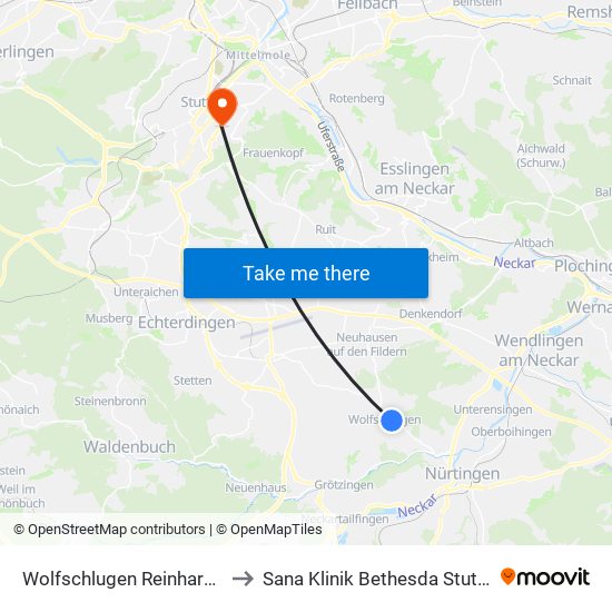 Wolfschlugen Reinhardtstr. to Sana Klinik Bethesda Stuttgart map