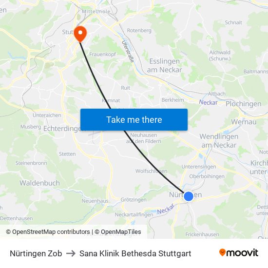 Nürtingen Zob to Sana Klinik Bethesda Stuttgart map