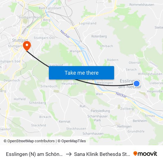 Esslingen (N) am Schönen Rain to Sana Klinik Bethesda Stuttgart map