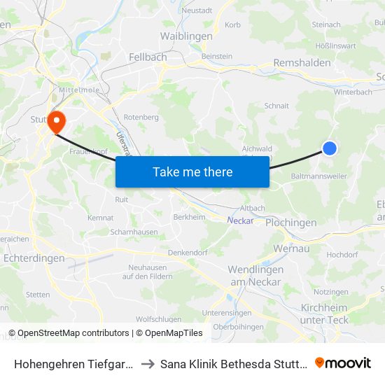 Hohengehren Tiefgarage to Sana Klinik Bethesda Stuttgart map
