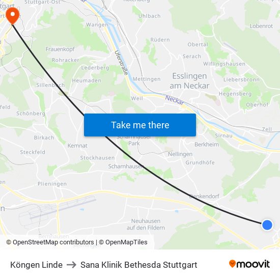 Köngen Linde to Sana Klinik Bethesda Stuttgart map