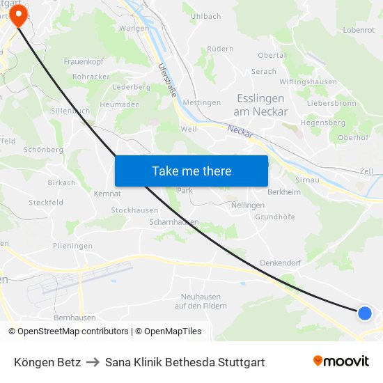 Köngen Betz to Sana Klinik Bethesda Stuttgart map