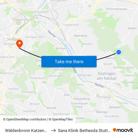 Wäldenbronn Katzenkopf to Sana Klinik Bethesda Stuttgart map