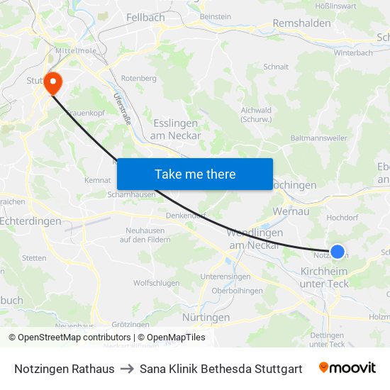 Notzingen Rathaus to Sana Klinik Bethesda Stuttgart map