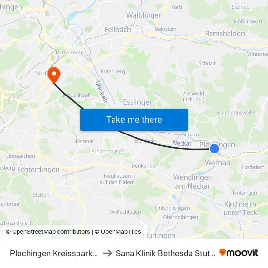 Plochingen Kreissparkasse to Sana Klinik Bethesda Stuttgart map