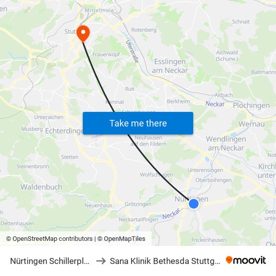 Nürtingen Schillerplatz to Sana Klinik Bethesda Stuttgart map