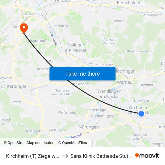 Kirchheim (T) Ziegelwasen to Sana Klinik Bethesda Stuttgart map