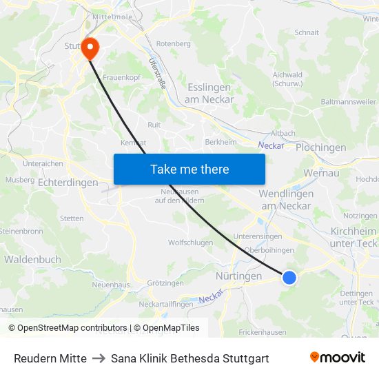 Reudern Mitte to Sana Klinik Bethesda Stuttgart map