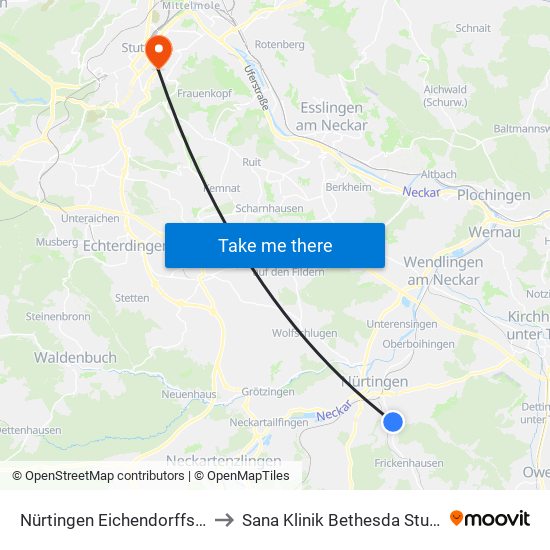 Nürtingen Eichendorffstraße to Sana Klinik Bethesda Stuttgart map