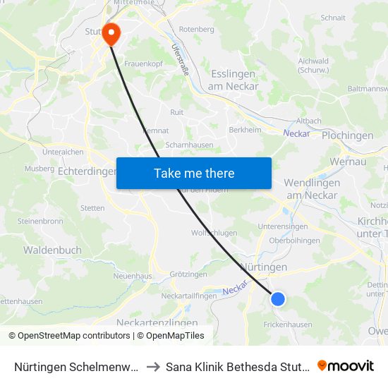 Nürtingen Schelmenwasen to Sana Klinik Bethesda Stuttgart map