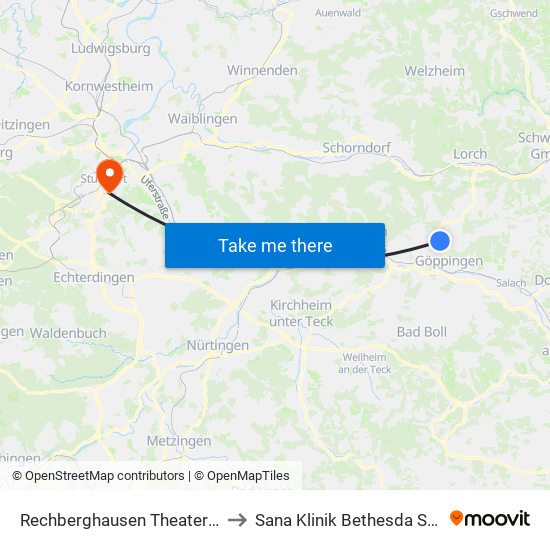 Rechberghausen Theater Im Bhf. to Sana Klinik Bethesda Stuttgart map