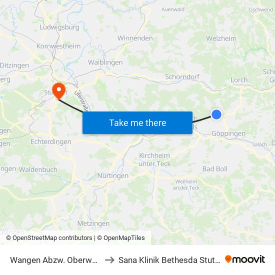 Wangen Abzw. Oberwälden to Sana Klinik Bethesda Stuttgart map