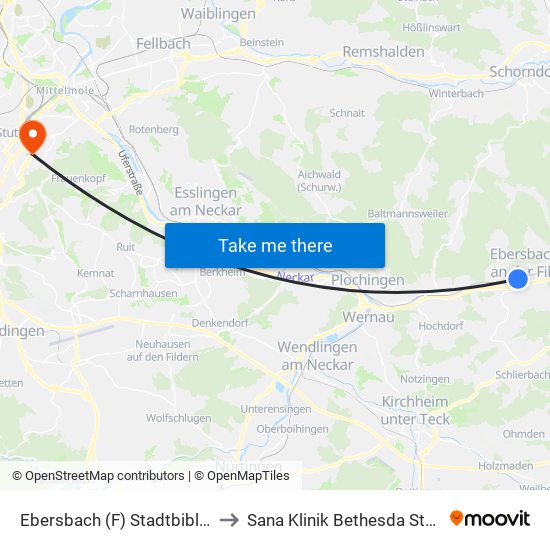 Ebersbach (F) Stadtbibliothek to Sana Klinik Bethesda Stuttgart map