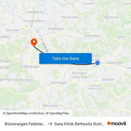 Bünzwangen Feldwiesen to Sana Klinik Bethesda Stuttgart map