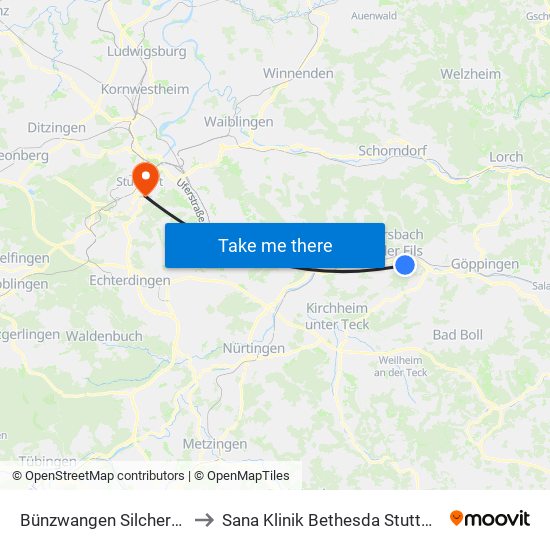 Bünzwangen Silcherstr. to Sana Klinik Bethesda Stuttgart map