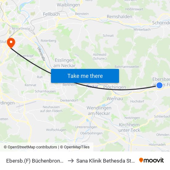 Ebersb.(F) Büchenbronner Str. to Sana Klinik Bethesda Stuttgart map