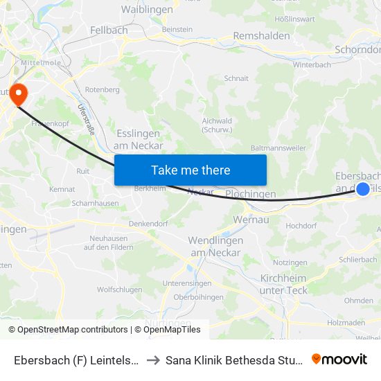 Ebersbach (F) Leintelstraße to Sana Klinik Bethesda Stuttgart map