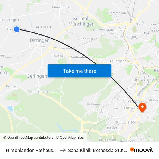 Hirschlanden Rathausplatz to Sana Klinik Bethesda Stuttgart map