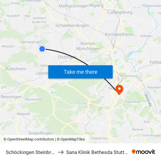 Schöckingen Steinbruch to Sana Klinik Bethesda Stuttgart map
