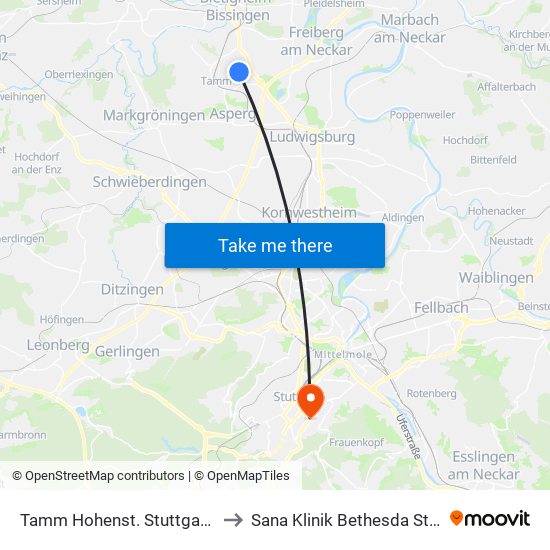Tamm Hohenst. Stuttgarter Str. to Sana Klinik Bethesda Stuttgart map