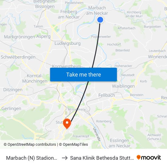 Marbach (N) Stadionhalle to Sana Klinik Bethesda Stuttgart map