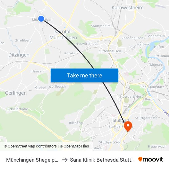 Münchingen Stiegelplatz to Sana Klinik Bethesda Stuttgart map