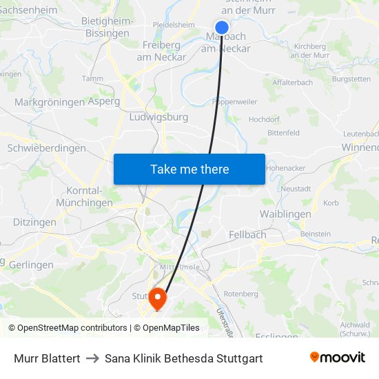 Murr Blattert to Sana Klinik Bethesda Stuttgart map