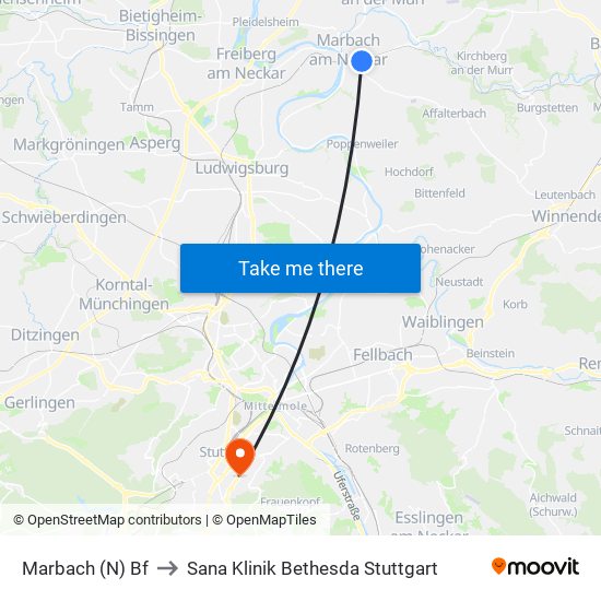 Marbach (N) Bf to Sana Klinik Bethesda Stuttgart map