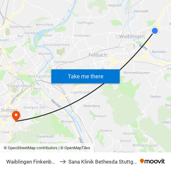 Waiblingen Finkenberg to Sana Klinik Bethesda Stuttgart map