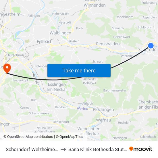 Schorndorf Welzheimer Str. to Sana Klinik Bethesda Stuttgart map