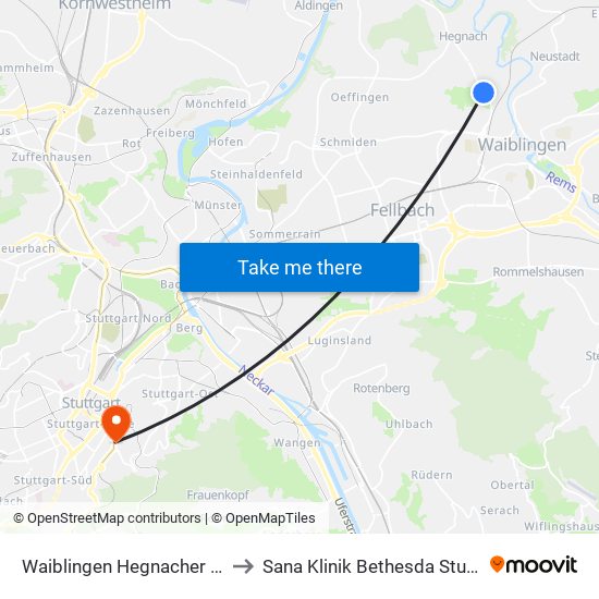 Waiblingen Hegnacher Höhe to Sana Klinik Bethesda Stuttgart map