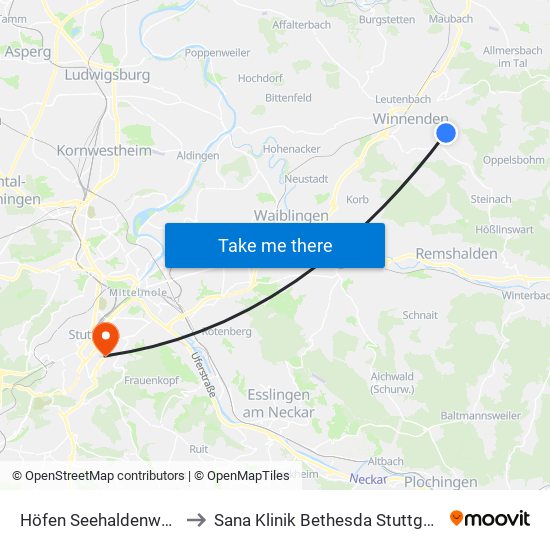 Höfen Seehaldenweg to Sana Klinik Bethesda Stuttgart map