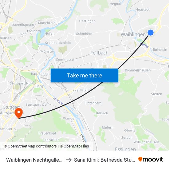 Waiblingen Nachtigallenweg to Sana Klinik Bethesda Stuttgart map