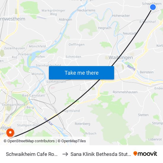 Schwaikheim Cafe Rommel to Sana Klinik Bethesda Stuttgart map