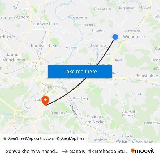 Schwaikheim Winnender Str. to Sana Klinik Bethesda Stuttgart map